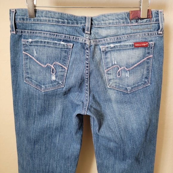 Blue 2 Medium Wash Pink Stitching Distressed Flare Denim Jeans - Picture 8 of 14